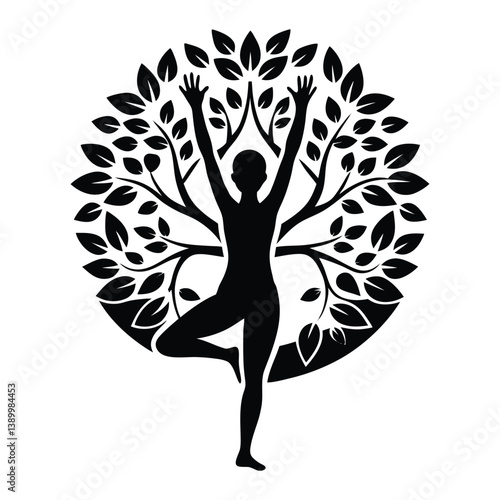 Yoga tree pose with nature elements silhouette