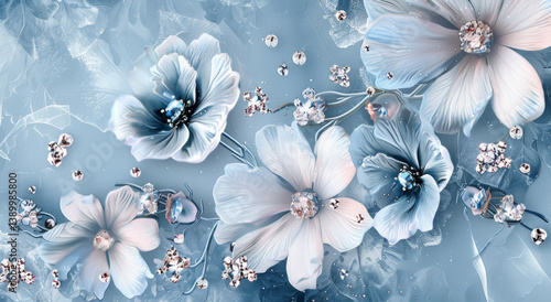 Light blue and white frozen flowers with delicate petals and small sparkling gems arranged in a symmetrical pattern creating a winter-themed elegant floral composition