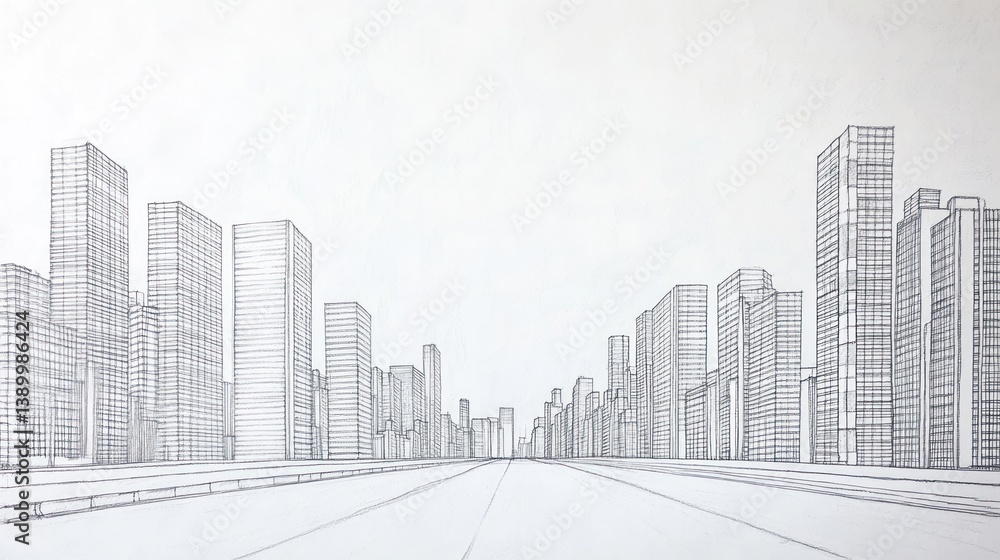 Fototapeta premium Urban Skyline Architectural Sketch, Cityscape Perspective, Empty Road, Design Concept, Illustrations, Business, Architectural Drawing, Digital Art, Background