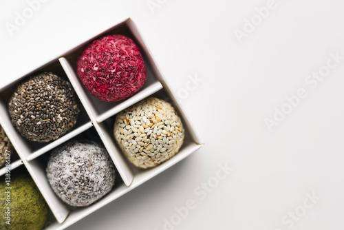 Tableau sur toile Assorted healthy, handmade vegan candies, sugar-free and lactose-free, flat lay