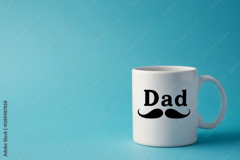 White Coffee Mug with Dad Text and Mustache Design on Bright Blue Background White Coffee Mug with Dad Text and Mustache Design on Bright Blue Background
