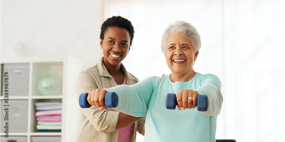 Fototapeta premium Happy senior woman lifting weights with physiotherapist in nursing home