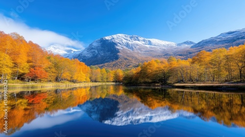 Autumnal lake reflecting snow-capped mountains.  Colorful foliage mirrored in tranquil water