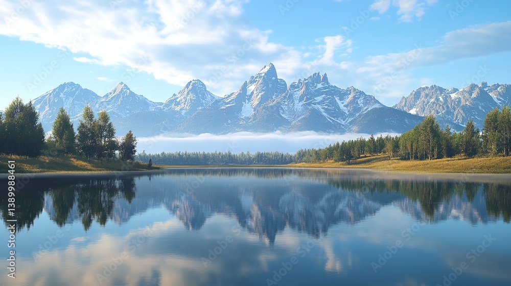 Serene mountain lake reflecting majestic peaks under a tranquil blue sky perfect for nature lovers Serene mountain lake reflecting majestic peaks under a tranquil blue sky perfect for nature lovers