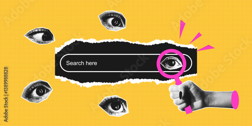 Search bar in collage style with halftone hand that hold magnifier and halftone eyes around. Collage style search page on background with torn paper. Vector.