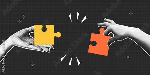 Halftone hands connect the pieces of jigsaw puzzle. Collage design of  teamwork with puzzle pieces and two halftone hand. Partnership and relationship concept. Vector.