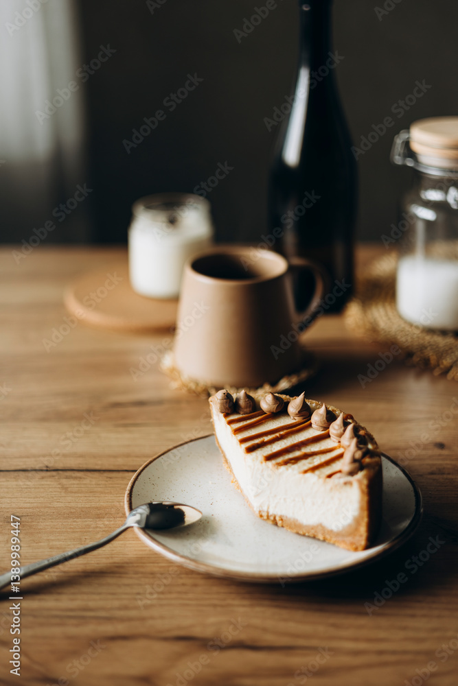 Obraz premium Piece of cheesecake with caramel topping on ceramic plate on wooden table.