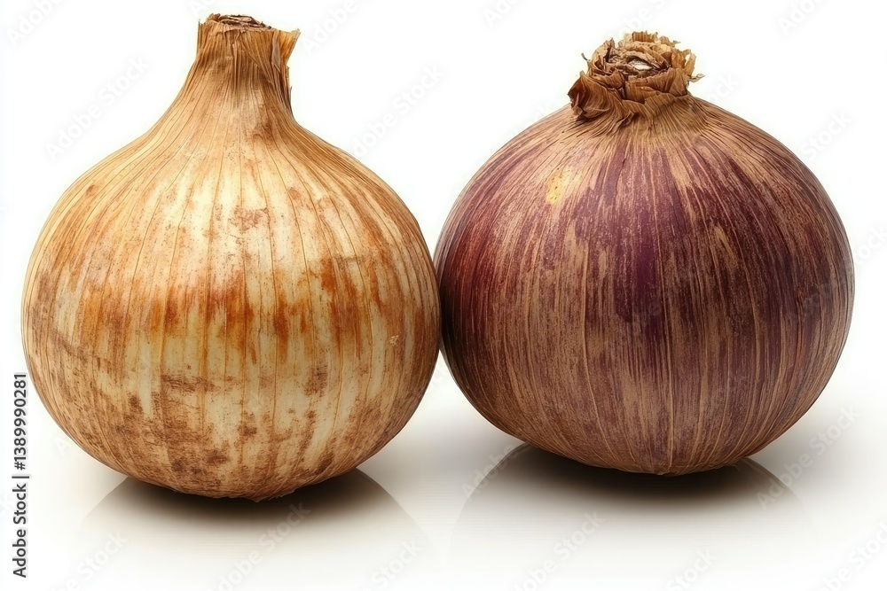 Fototapeta premium Two onions, one light brown, one with purple stripes, isolated on white background