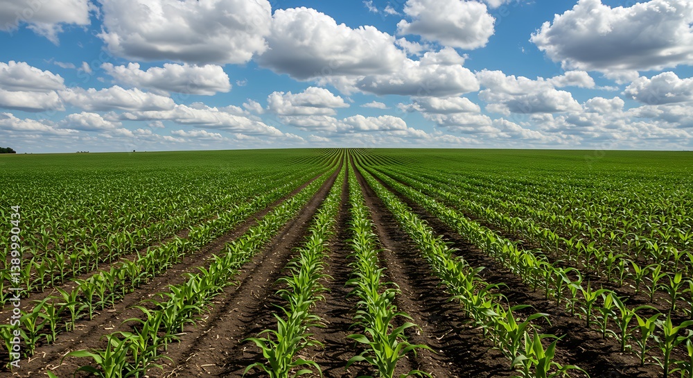 Agricultural Landscape with Rows of Corn Plants Under a Cloudy Sky Agricultural Landscape with Rows of Corn Plants Under a Cloudy Sky