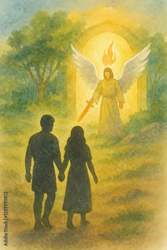 Watercolor Illustration of the Expulsion of Adam and Eve from the Garden of Eden