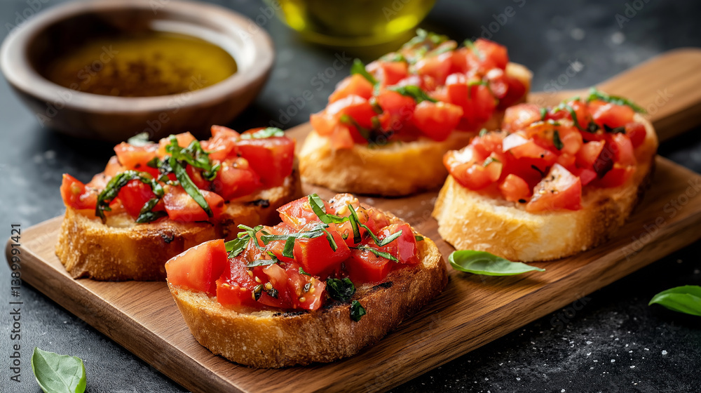 Delicious bruschetta with tomatoes, basil and olive oil resting on wooden cutting board Delicious bruschetta with tomatoes, basil and olive oil resting on wooden cutting board