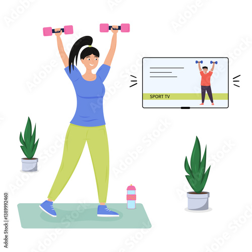 Woman exercising at home while following a workout on TV