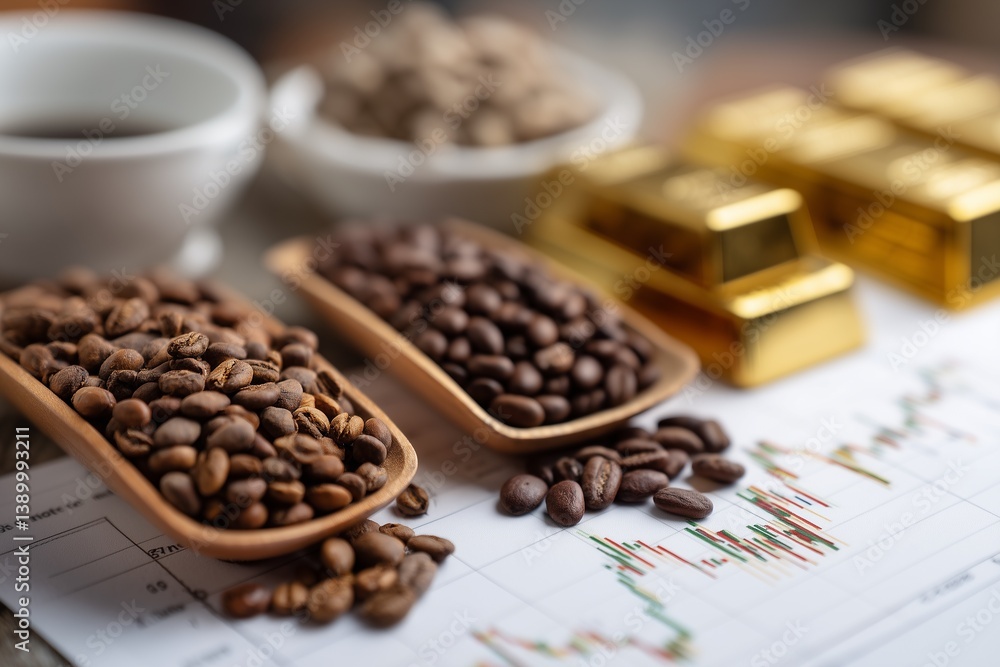Fototapeta premium cocoa seeds, coffee beans and gold bars with financial charts overlay in the background, symbol of prices rising