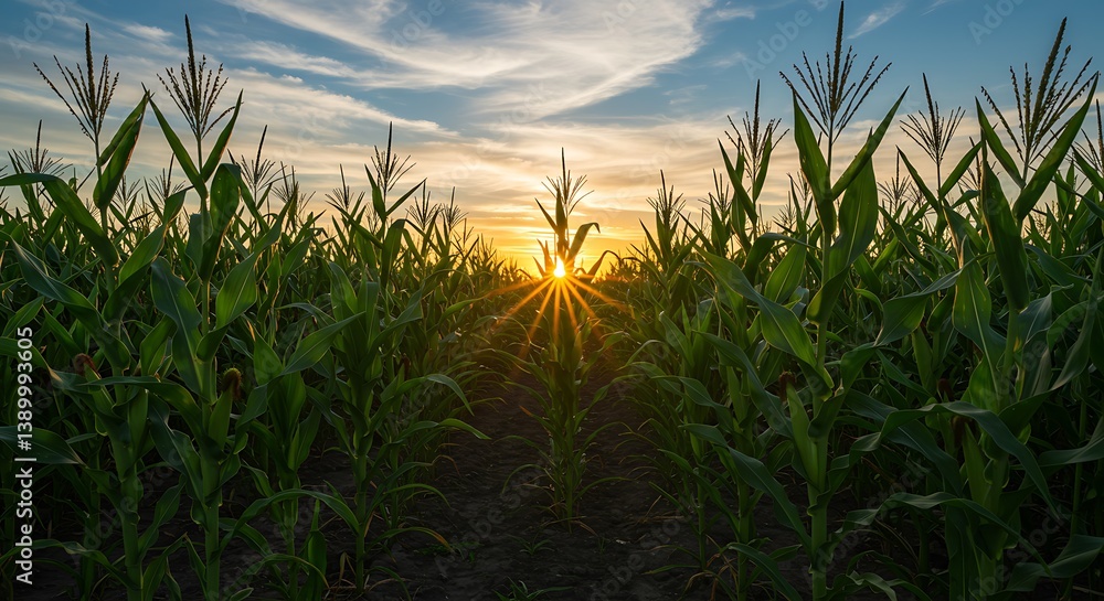 Fototapeta premium Sunset over a vast cornfield, agriculture landscape, vibrant farmland scenery
