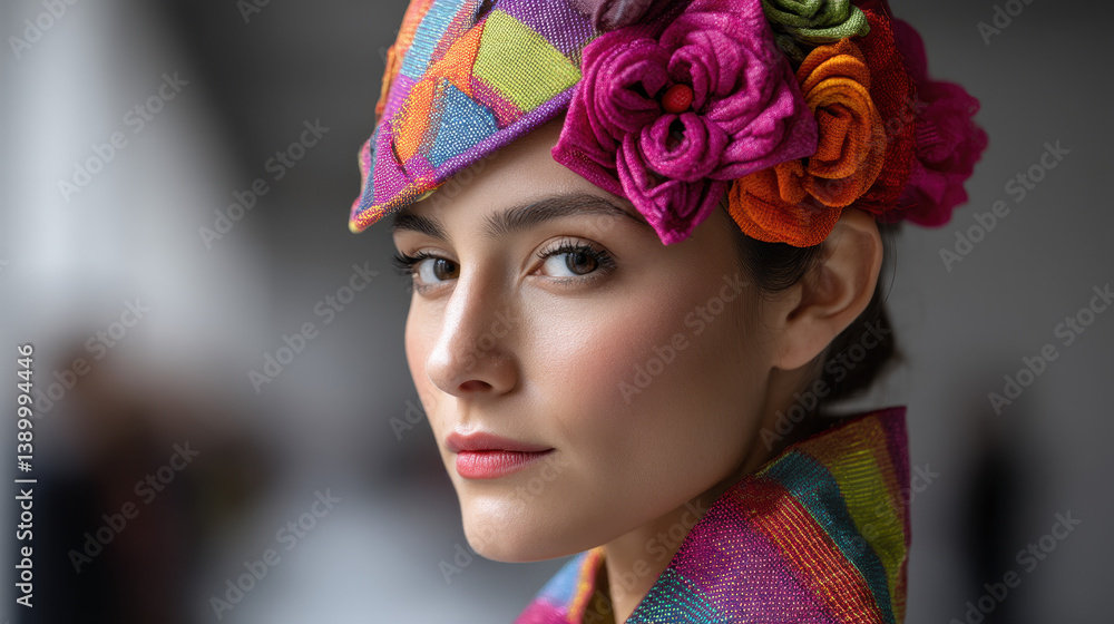 Naklejka premium Mexican folkloric dress reimagined with holographic fabric and a robotic floral headpiece showcases culture and AI fusion