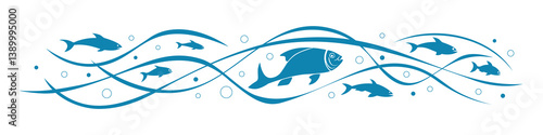 Shoal of fish, sea wave, stylized vector illustration, isolated on white background