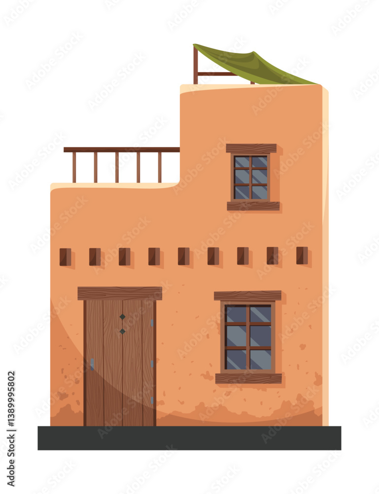 Adobe house. Traditional building illustrate craftsmanship of rustic architecture. Construction with wooden elements. Vector cartoon illustration