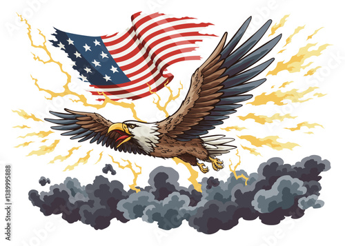 Obraz na płótnie American flag and eagle on clouds. Waving national symbol. American colorful proud eagle and national flag on white background. Vector design element w salonie