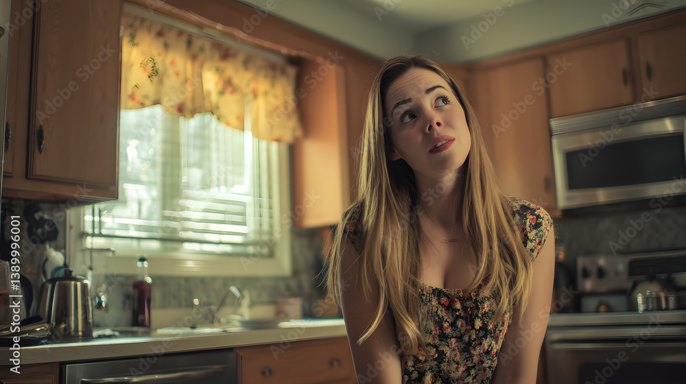 A young mother sits in her kitchen, looking upward with a thoughtful yet confused expression.