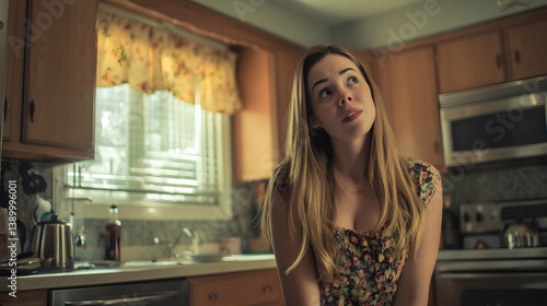 Obraz na płótnie A young mother sits in her kitchen, looking upward with a thoughtful yet confused expression. w salonie