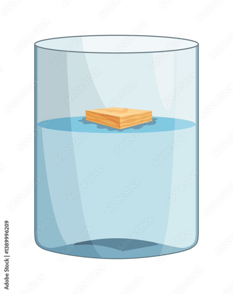 Archimedes principle. Experiment with water glasses wood cube. Buoyant acting on the object that floats is equal to weight of the fluid that is displaced