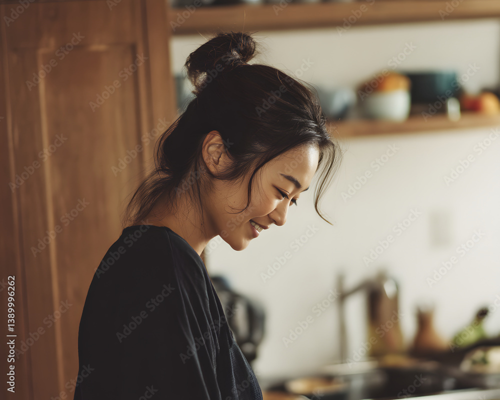 A serene moment of an Asian woman smiling while preparing food in a stylish kitchen, radiating warmth.