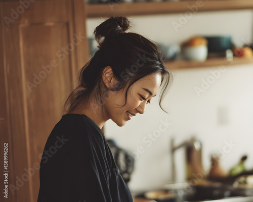 Obraz na płótnie A serene moment of an Asian woman smiling while preparing food in a stylish kitchen, radiating warmth. w salonie