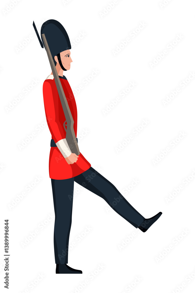 Great Britain tourist attraction, london guards. Welcome to England or world famous UK symbol. London sight which attract tourists. Vector cartoon illustration