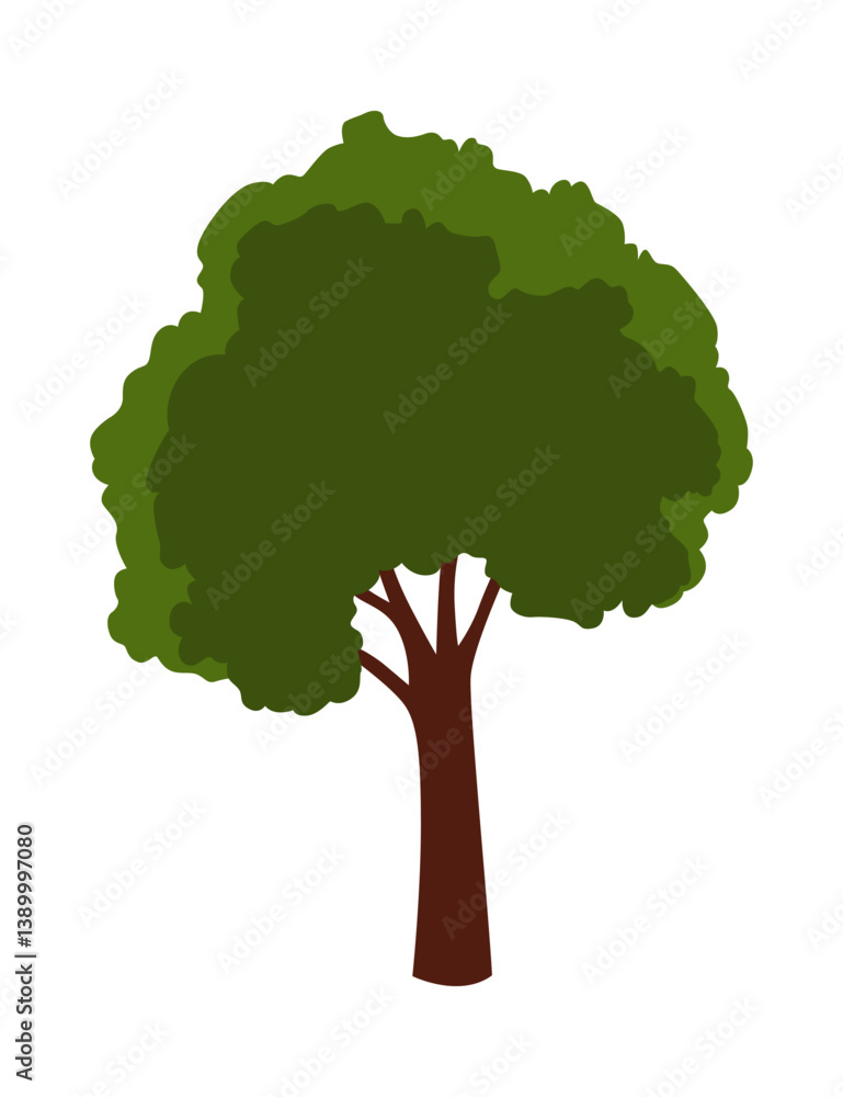Tree icon. Deciduous plant. Green crowns and lush foliage with natural brown trunks and branches. Vector cartoon illustration