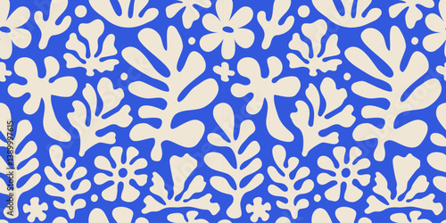 Vector seamless pattern in simple floral wavy and groovy naive style, flowers and plants, floral botanic hand drawn design templates, modern art prints, surface design, holiday and beach theme