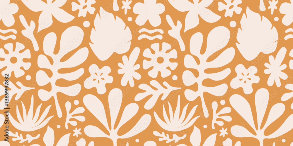 Fototapeta premium Vector seamless pattern in simple floral wavy and groovy naive style, flowers and plants, floral botanic hand drawn design templates, modern art prints, surface design, holiday and beach theme