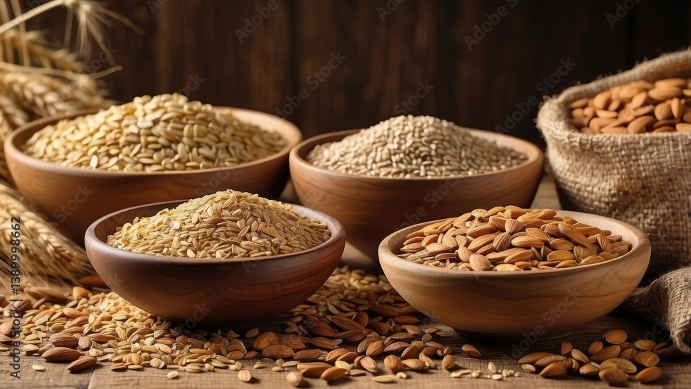 Various raw grains and seeds arranged in a rustic setting. Various raw grains and seeds arranged in a rustic setting.