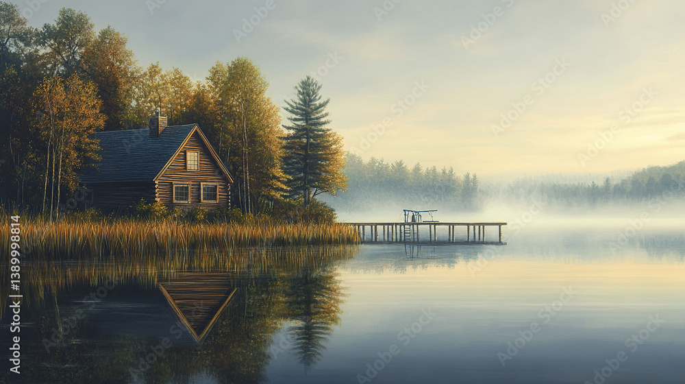 Obraz premium serene farmhouse by lake with fishing pier and reflections