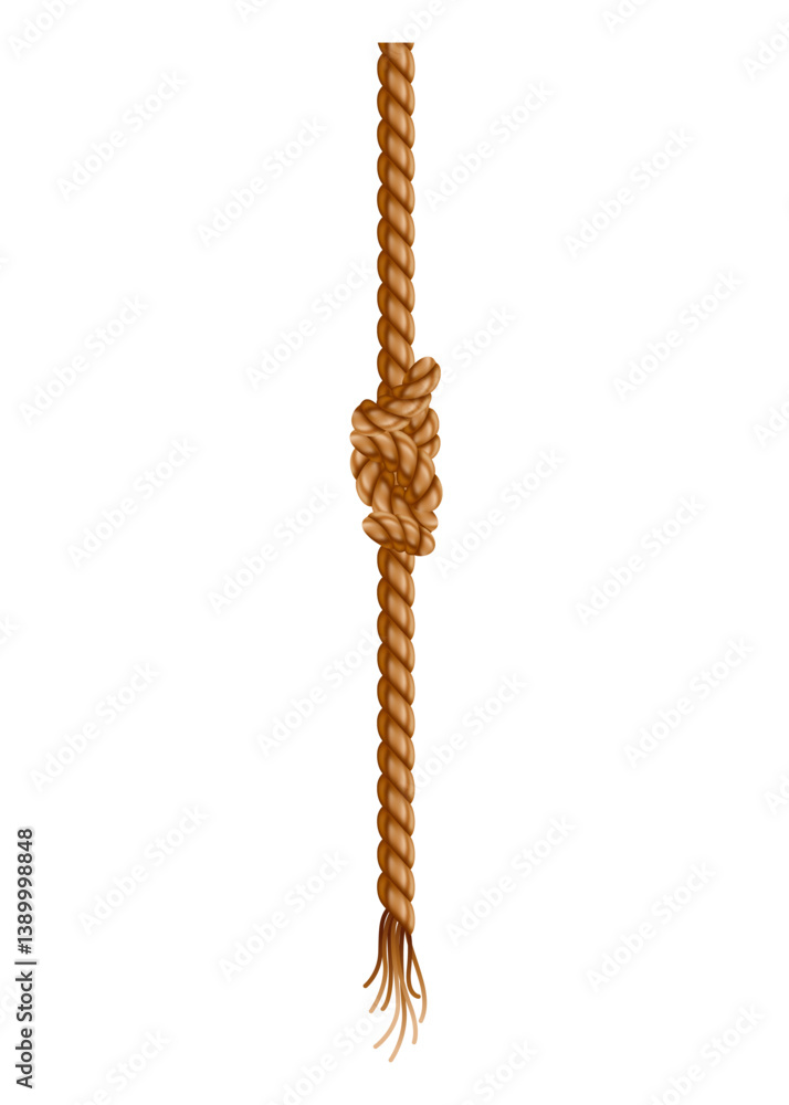 Hanging rope with tassel and node. Knitted nautical thread or marine vertical fiber. Textile tassel hang at rope isolated on white background. Vector illustration