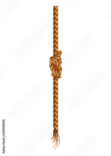 Obraz na płótnie Hanging rope with tassel and node. Knitted nautical thread or marine vertical fiber. Textile tassel hang at rope isolated on white background. Vector illustration w salonie