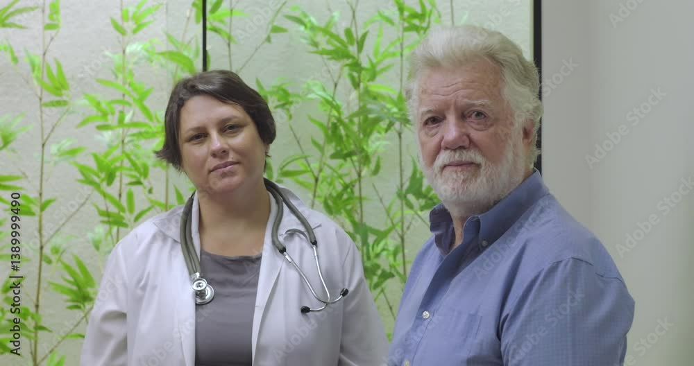 Female doctor standing beside elderly male patient in clinic, both looking at camera with neutral expressions in healthcare setting with green leafy background Female doctor standing beside elderly male patient in clinic, both looking at camera with neutral expressions in healthcare setting with green leafy background