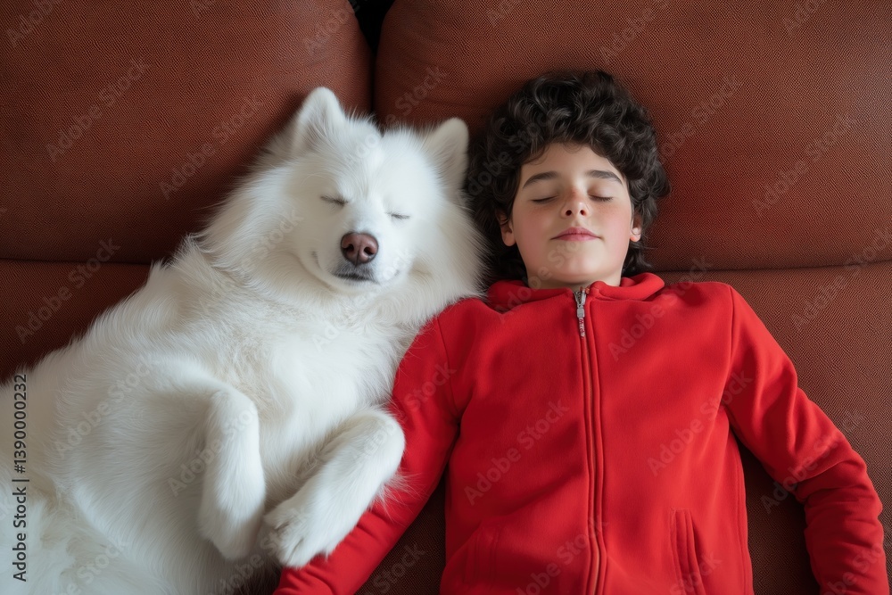 Overhead view of boy and fluffy white dog resting on brown couch