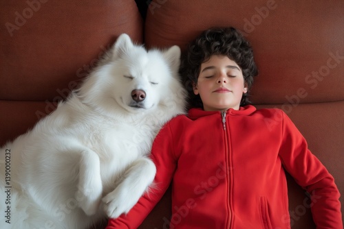 Obraz na płótnie Overhead view of boy and fluffy white dog resting on brown couch w salonie
