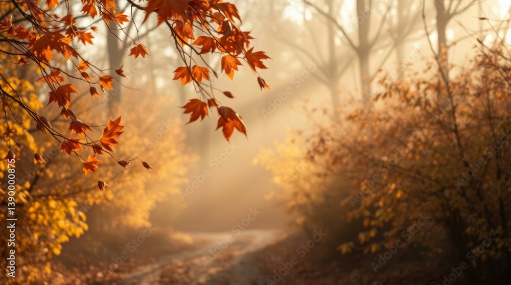 Autumnal Path: Misty Forest Trail with Golden Leaves Autumnal Path: Misty Forest Trail with Golden Leaves