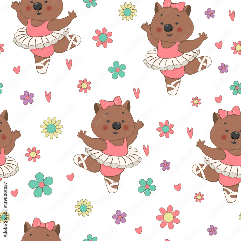 Obraz premium Сhildish seamless pattern with dancing wombat. Animal ballerina print, vector texture for kids birthday, fabric, wallpaper, wrapping paper, textile, t-shirt print