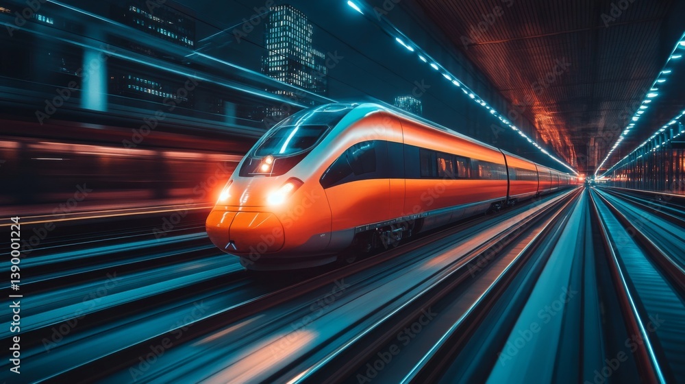 Fototapeta premium A sleek high speed train glides through a modern urban environment illuminated by city lights, emphasizing innovations in transportation, automation, and mobility solutions.