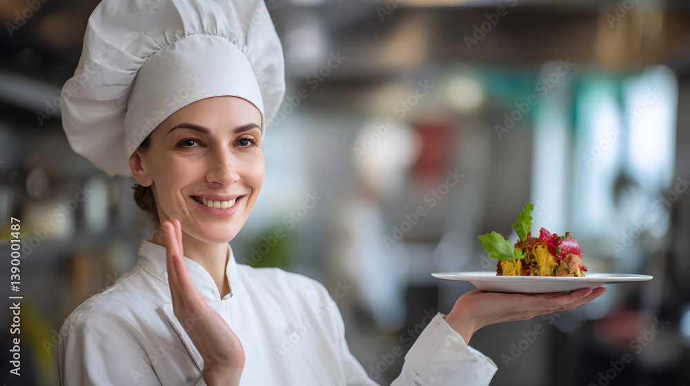 A confident chef radiates joy while presenting her culinary masterpiece, embodying passion and creativity.