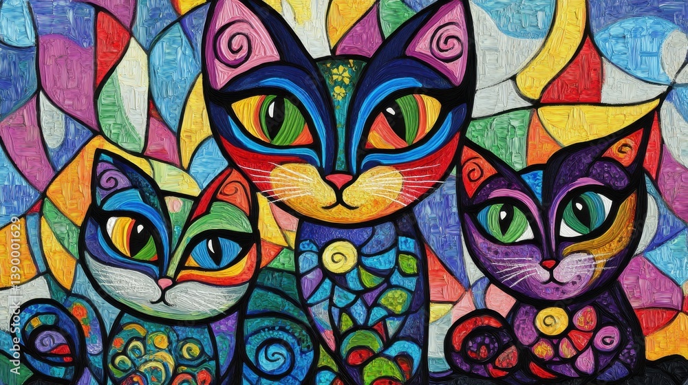 Obraz premium A whimsical stock image featuring three abstract cats in vibrant colors and patterns. The image conveys a sense of creativity, artistic design, and the beauty of feline art,