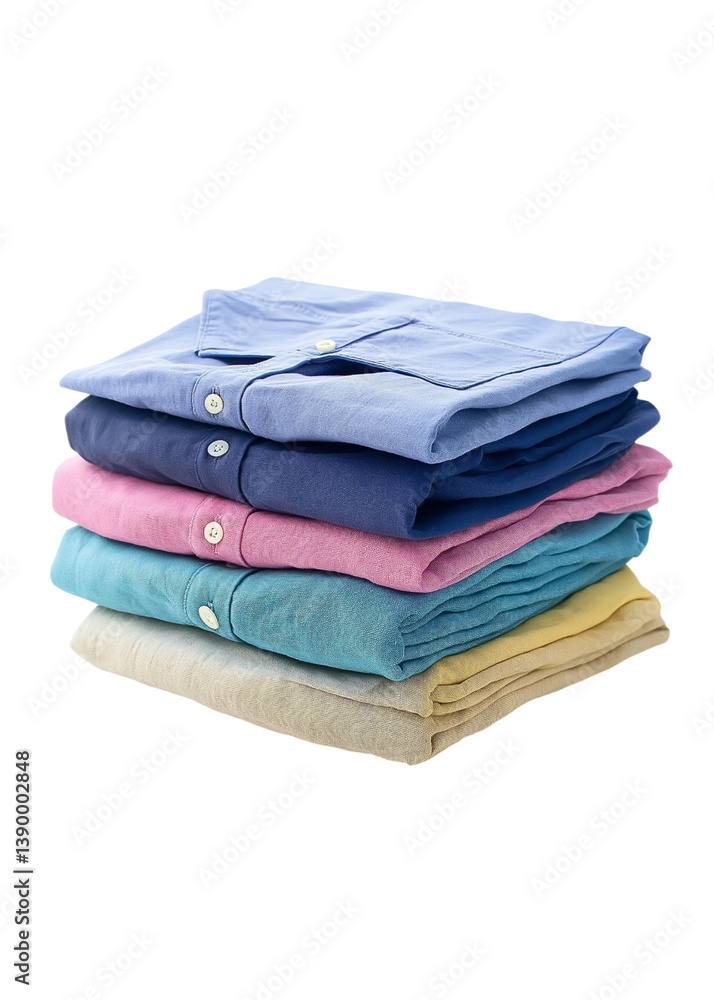 A stack of colorful, such as t-shirts and jeans, neatly folded on top of each other against on Png Format and Transparent Background A stack of colorful, such as t-shirts and jeans, neatly folded on top of each other against on Png Format and Transparent Background