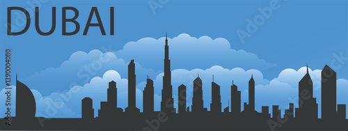 Black silhouette of the city of Dubai against a blue sky with clouds	