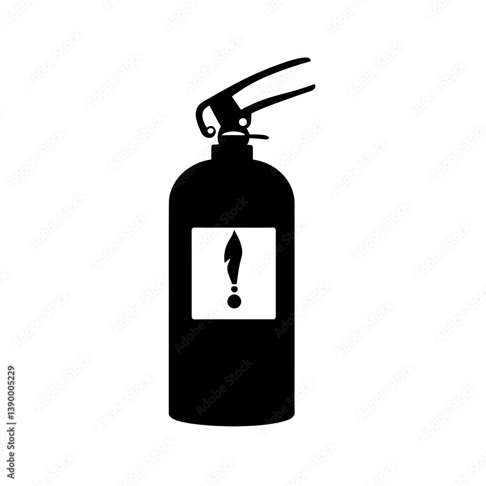A silhouette of a fire extinguisher sign with a protective warning, isolated on a white background. A silhouette of a fire extinguisher sign with a protective warning, isolated on a white background.