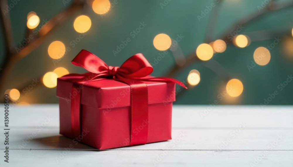 Red gift box on white table Top view, copy space Holiday greeting card , table, red Red gift box on white table Top view, copy space Holiday greeting card , table, red