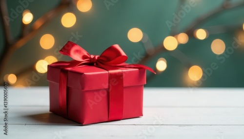 Wallpaper Mural Red gift box on white table Top view, copy space Holiday greeting card , table, red Torontodigital.ca