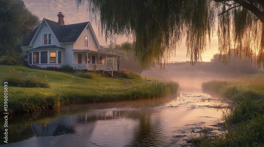 Fototapeta premium Charming farmhouse by creek with willow trees at sunrise