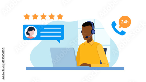 A five-star rating and a customer review are visible, symbolizing positive feedback. Illustration shows a man wearing a headset, sitting at a laptop, providing 24-hour customer service.